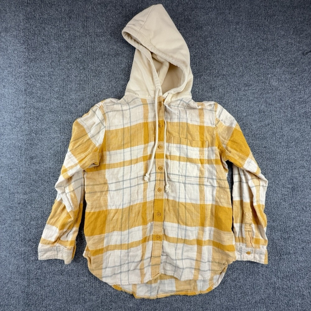 American Eagle Womens Small Yellow Plaid Hooded Button Up Shirt 035-1354-3912